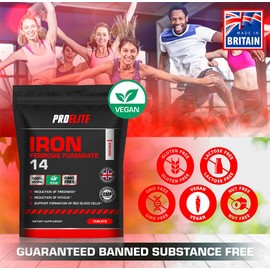 Iron Tablets High Strength 14mg - 180 Tablets - Vegan Iron Energy Tablets for Tiredness and Fatigue - High Absorption Iron Supplements for Women and Men - Made in The UK by PROELITE
