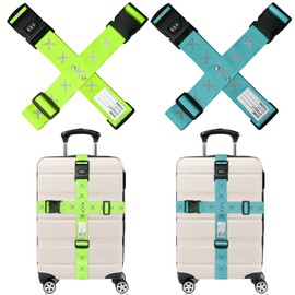 AOKITO Suitcase Strap, Suitcase Strap, Pack of 4 with Combination Lock, Suitcase Luggage Straps with Fixed Buckle & Name Tag, Adjustable Strap for 20-34 Inch Suitcases (Blue Lake & Bright Green)