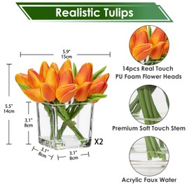 DILATATA Artificial Orange Tulips in Vase with Faux Water 5.5" Real Touch Flowers Fake Tulips Small Flowers Arrangement in Cube Glass Vase for Mother's Day Table Centerpiece Wedding Home Decor 2 Pack