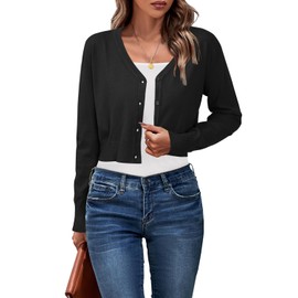 Newshows Womens Fall Cropped Cardigan Open Front Button Down Knit Bolero Shrug 2025 Spring Trendy Long Sleeve V Neck Business Casual Sweaters Work Black L