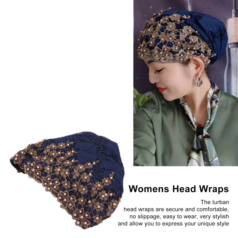 Turban Head Wraps Vintage Embroidered Soft Lace Material Beaded Fleece