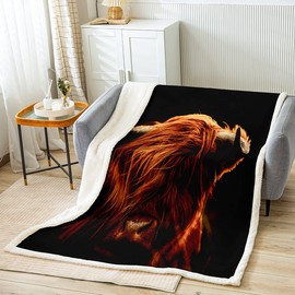 Kids Highland Cow Fleece Throw Blanket Farmhouse Animal Design Sherpa Blanket Kids Boys Girls 3D Western Cattle Wildlife Plush Blanket Brown Black Fuzzy Blanket for Sofa Bed,Single 50x60 Inch
