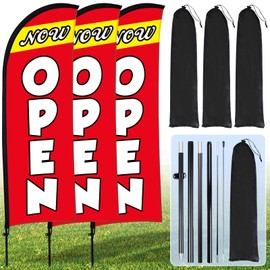 Buryeah 3 Sets Now Open Feather Flag Pole Kit for Business Advertising 7 ft Open Flag Banner Sign with Pole Kit Ground Stake and Portable Bag for Outside Ground (Red)