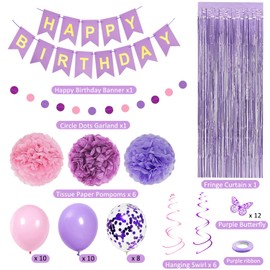 Purple Pink Birthday Party decorations for Women Girls include purple pink balloons Happy birthday banner 3D Butterfly Wall Decor Tissue Paper Pompoms for Birthday Party decorations