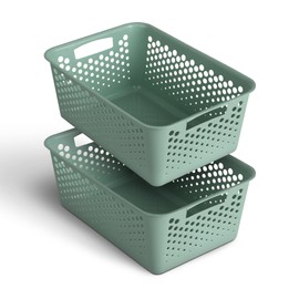 Pack of 2 Storage Baskets 10 L with Handles - BPA-Free - Organiser (37 x 26 x 17 cm / Green) - Baskets for Bathroom Kitchen Bedroom Household Basket