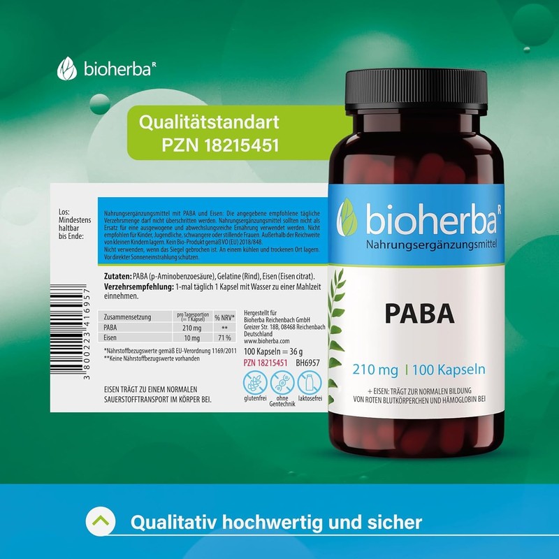 PABA Kapseln – 300 Stück mit 210 mg p-Aminobenzoesäure und Eisen