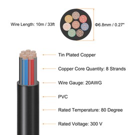 MECCANIXITY 33FT 20AWG 8 Conductor Electrical Cable, 20/8 High Flexible Tinned Copper 20 Gauge Electric Wire for Boat Wiring House Wiring Alarm Systems, Portable Lights