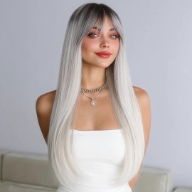 Smilco 2025 New Ladies Wig Natural Bangs 26-inch White Highlights Straight Style Transparent Breathable Rose Net Lining Design SM411color: White gradient, Stretched Length: 26 Inches