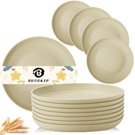 BUSOKIP Wheat Straw Dinner Plates, 9 Inch Beige Set of 8, Lightweight Unbreakable Plastic, Microwave & Dishwasher Safe Kids Plates