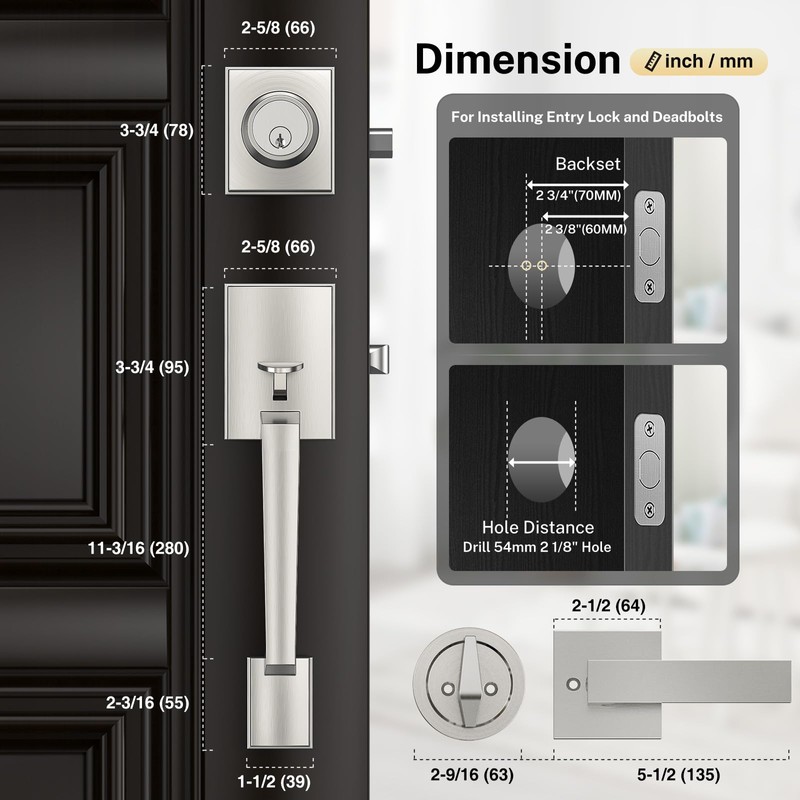 Brightify Satin Nickel Front Door Handle, Satin Nickel Door Handle