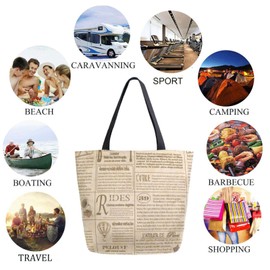 ZzWwR Extra Large Shoulder Grocery Tote Bag, Retro Old Newspapers Pattern Canvas Durable Daily Handle Bag Reusable for Gym Weekender Picnic Yoga Beach Travel Kitchen Market Shopping