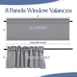 REWOMC 8 Panels Blackout Curtain Valances for Kitchen Living Room Bathroom Bedroom, 52" x 18" Light Gray Valances for Windows Rod Pocket Short Curtains for Small Window, Thermal Insulated Valances