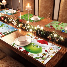 Merry Grinchmas Placemats Set of 4, Heat Resistant Table Mats, Washable Fabric Christmas Place mats for Dining Table, Winter Table Placemats, Christmas Supplies and Decorations, Ginch Table Mats