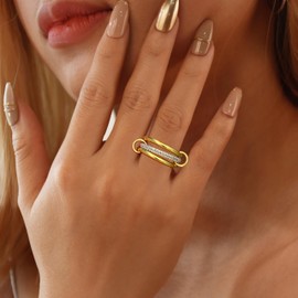 Eioi & Lmnm Gold Rings for Women Non Tarnish, 18K Gold Plated Interlocked Stackable Rings, Trendy Stacking Gold/Silver Two Tone Milti-Link Connected Ring, Fashion Jewelry for Women (D, 7)