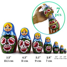 Nesting Babushka Dolls - Handmade Rose Hand-painted - Matruska Stacking 7 Dolls - Munecas rusas - Home Decor Decorations