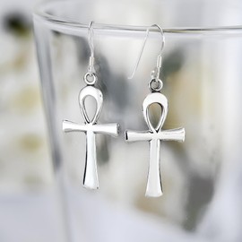 Sleek Egyptian Ankh Cross .925 Sterling Silver Dangle Earrings | Cross Earrings