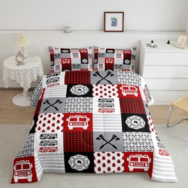 Feelyou Red Fire Truck Car Bedding Set Firefighter Comforter Set Fire Engine Comforter for Kids Room Decor Firemen Car Vehicle Duvet Set Geometric Lattice Grid Twin Size with 1 Pillow Case