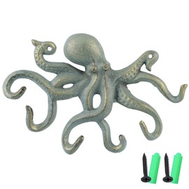 MDLUU Octopus Hook, Nautical Wall Hook, Antique Key Holder Hook, Cast Iron Hook for Coat, Hand Towel, Bathrobe, Jacket(Gold Green)
