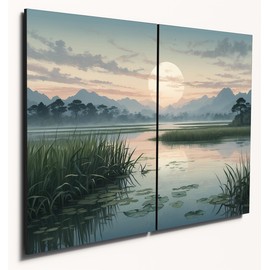 The Plum Penguin Serene Wetland Nihonga Style Wall Art: Twin A4 MDF Wooden Panels with Lotus & Mist Print
