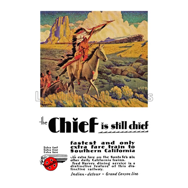 Santa Fe Railroad "The Chief" Indian Detours Grand Canyon Line - 1929 Poster