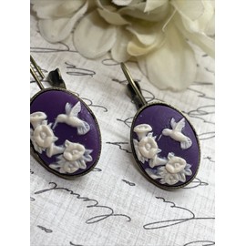 FANCY FOX BOUTIQUE Purple Morning Glory Hummingbird Bronze Boutique Wire Cameo Earrings Wedding