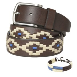 PELPE Argentine Leather Belt with Matching Cord and Leather Wristband Embroidered Leather Belt for Men and Women Argentine Polo Belt, Balmoral Beige