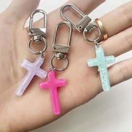 SWJEWEL Small Glitter Cross Keychain for Women 3pcs Pack Sky Blue Purple Rose Red Car Keys Ring Accessories Clip Handbag Purse Backpack Pendant Charms CROSSBRP