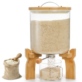 Goaste Glass Rice Dispenser with Bamboo Stand, 5L Flour Cereal Container with Airtight Lid, 8 Lbs Large Grain Food Storage Bucket, Countertop Beans Storage Tank with Measuring Cup & Valve for Dry Food