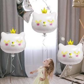 Deermon 6 Pack Large White Crown Kitty Cat Party balloons, Animal Kitten Pet Cat Theme Mylar Foil Birthday Balloons For Baby Shower Wedding Baby Shower Wedding Party Supplies