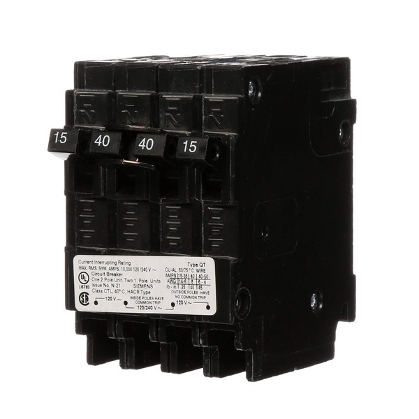 SIEMENS Q21540CT 40 Double (2) 15 Amp Single-Pole Type QT Triplex Circuit Breaker, Black