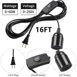 Hanging Pendant Light Cord -16Ft Light Bulb Socket with Cord E26/E27 Plug in Light Socket, Extension Hanging Lantern with On/Off Switch (Black)