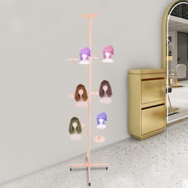 Wig Holder for 12-Head Wig Stand, Wig Holder Storage Organizer with Cross Base, Rolling Wig Hanger Display Rack on Wheels, Wigs Display Organizer Storage Rack (Pink)