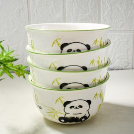 Ceramic Rice Bowls Set of 4, Cute panda Cereal Bowls with Bamboo Pattern, Porcelain Snack Bowls for Soup, Sauce or Snack, Dishwasher & Microwave Safe