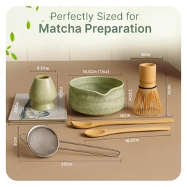 NEKOLA Matcha Whisk Set (7Pcs) Matcha Bowl, Bamboo Whisk, Whisk Holder, Scoop, Scoop Rest, Sifter & Tea Towel Tea Making Ceremony Kit for Matcha Lovers Unique Gifts for Women,Men & Girlfriend