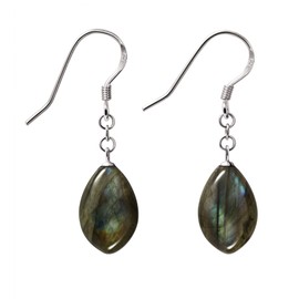 Franki Baker A+ Labradorite Gemstone & Sterling Silver Leaf Shape Drop Earrings. Length: 3.5cm