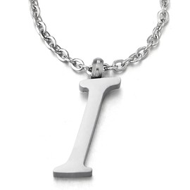 COOLSTEELANDBEYOND Name Initial Alphabet Letter A to Z Pendant Stainless Steel Necklace for Men Women with 50 cm Steel Rope Chain, Stainless Steel, I