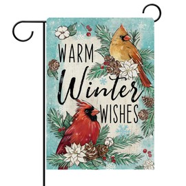 Dyrenson Warm Winter Wishes Cardinal Decorative Garden Flag, Red Birds Poinsettia Pine Needle Yard Home Decorations, Pine Cone Christmas Seasonal Burlap Outdoor Small Decor Double Sided 12 x 18