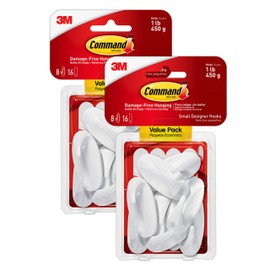 Command Small Designer Hooks, Holds up to 1 lb, Total 16 Wall Hooks with 32 Command Strips (2-Pack of 8 Hooks), Damage-Free Hanging for Decorations in Living Spaces