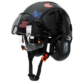 Aolamegs Safe Hard Hat with Ear Protection and Double Visor - Carbon Pattern Hard Hats with Safety Glasses and Earmuffs Construction OSHA Approved for Men, Vented Safety Helmet Hard Hat with Strap