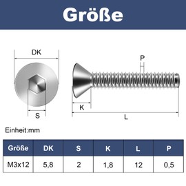 Pack of 20 M3 x 12 mm Countersunk Screws Hexagon Socket Drive Screws Stainless Steel A2 V2A Full Thread with Allen Key