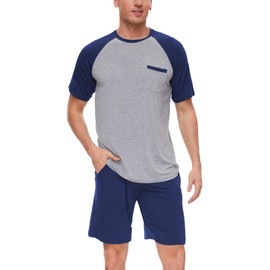 GYS Mens Pajamas Set Shorts Bamboo Viscose Short Sleeve Sleepwear Top and Shorts Set Soft Pjs Loungewear Set, Deep Blue, X-Large