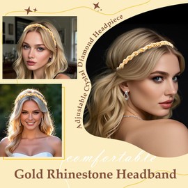 Aprince Rhinestone Headband for Women, Gold Rhinestone Headpiece, Adjustable Crystal Headbands for Women, Bling Diamond Headband, Thin Elastic Headbands Sparkly, 70s Gold Diamond Head Piece