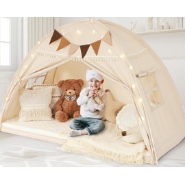 Lanabuna Full Size Bed Tent Canopy, Kids Play Tent with Flags & Star Lights, Canopy on Bed Privacy Space Sleeping Blackout Tents, Indoor Breathable Portable & Foldable, XL-Large Cream Tassels Style