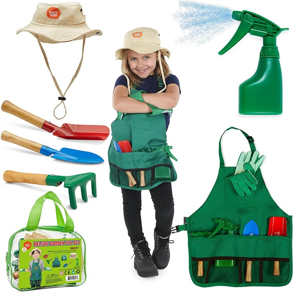 Born Toys Kids Gardening Set, Kids Gardening Tools with rake, Kids Gardening Gloves and Washable Apron Set for Real or Sand Gardening and Dress up Clothes or Role Play