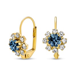 Navy Blue And White Crystal Flower 18K Gold Plated Brass Lever back Drop Earrings For Women Simulated Sapphire