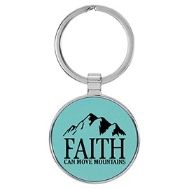 Enthoozies Faith Can Move Mountains Religious Teal Laser Engraved Leatherette Keychain Backpack Pull - 1.5 x 3 Inches