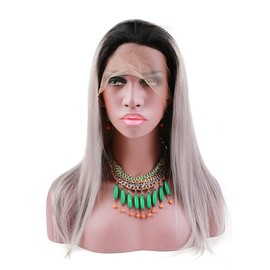 sent hair Ombre Full Lace Wigs Human Hair with Adjustable Strap Straight #1B/grey Dark Roots Wigs with Baby Hair Pre Plucked Bleached Knots 12 inch for Black Women Free Part