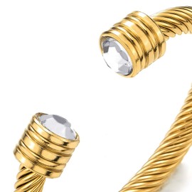 COOLSTEELANDBEYOND Men Women Gold Color Steel Twisted Cable Cuff Bangle Bracelet with Cubic Zirconia, Adjustable(CA)