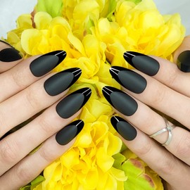 Hypnaughty 24 Pcs Caviar Almond Black Matte Press On Nails with Glossy Black French Tip and Glue Medium Long Pointed Oval False Nails (Caviar)