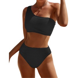 Pfreesea Women One Shoulder Bikini Set High Waisted Tummy Control Full Coverage Swimsuit Ribbed 2 Piece Bathing Suit 2025 Black